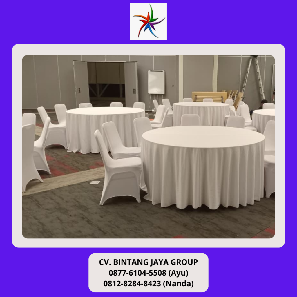 Rental Kursi Cover, Meja Bulat Cover Putih, Meja Barstool Putih Jakarta