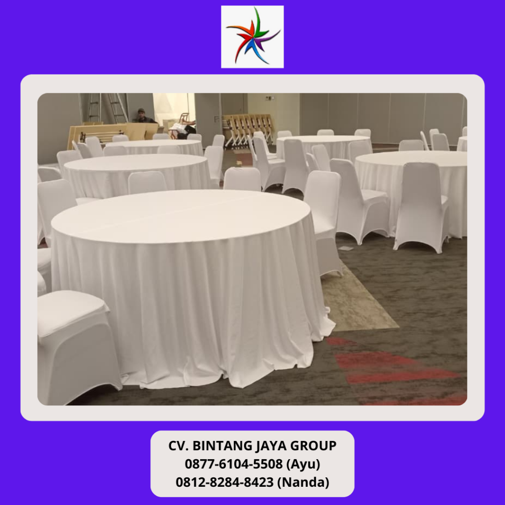 Rental Kursi Cover, Meja Bulat Cover Putih, Meja Barstool Putih Jakarta