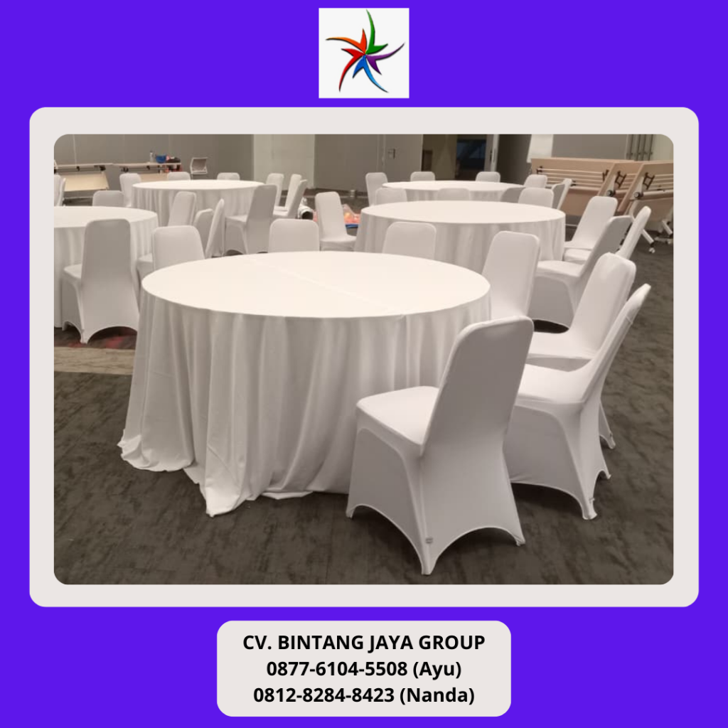 Rental Kursi Cover, Meja Bulat Cover Putih, Meja Barstool Putih Jakarta