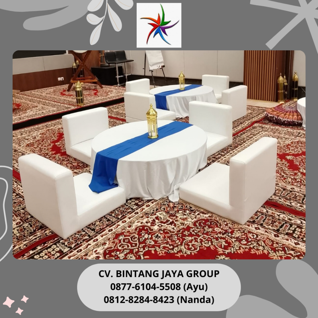 Rental Meja Lesehan Bulat Putih Runner Biru Dan Sofa Lesehan Jakarta