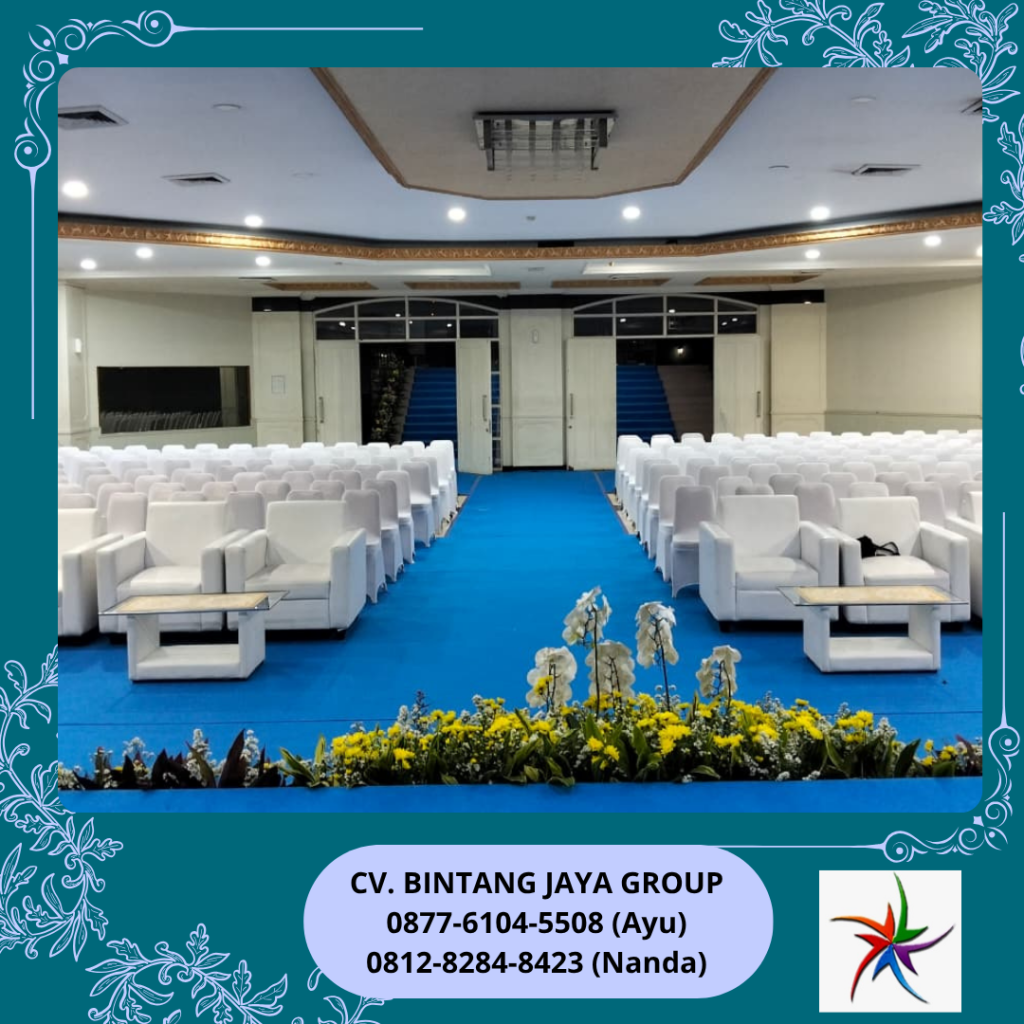 Rental Karpet Biru, Sofa Putih Dan Kursi Cover Street Putih Bogor