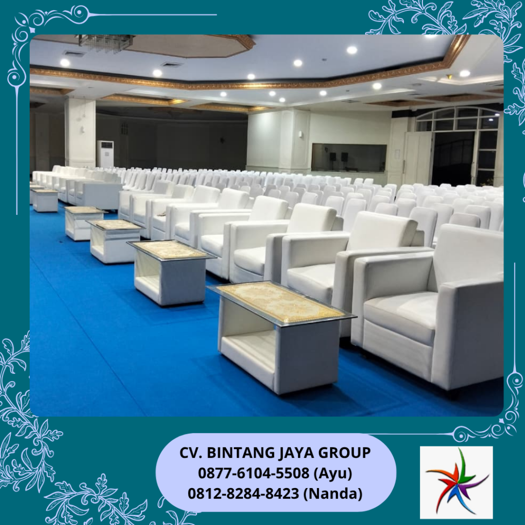 Rental Karpet Biru, Sofa Putih Dan Kursi Cover Street Putih Bogor
