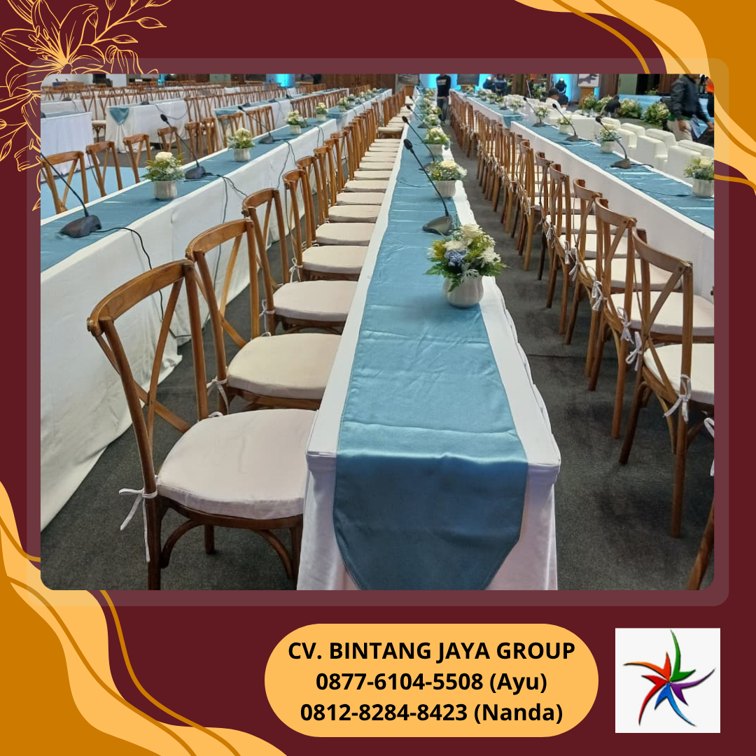 Rental Kursi Crossback,Sofa,Qline Gold, Meja Ibm Cover Gold Bogor