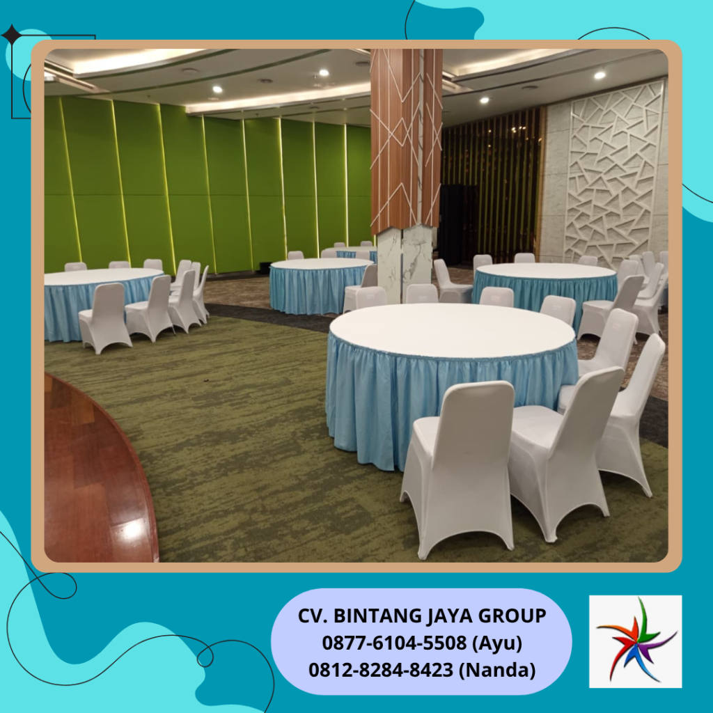 Rental Meja Bulat Taplak Putih Skirting Biru Muda Jakarta