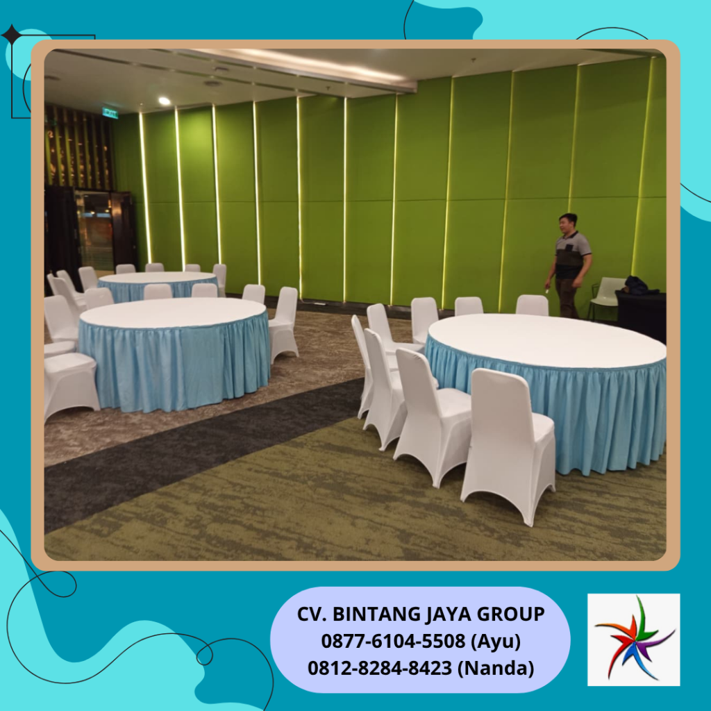 Rental Meja Bulat Taplak Putih Skirting Biru Muda Jakarta