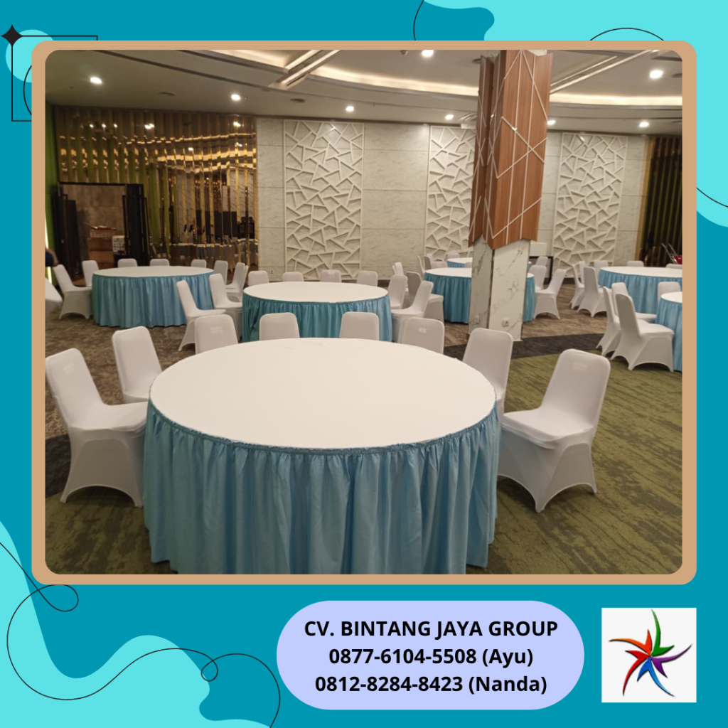 Rental Meja Bulat Taplak Putih Skirting Biru Muda Jakarta