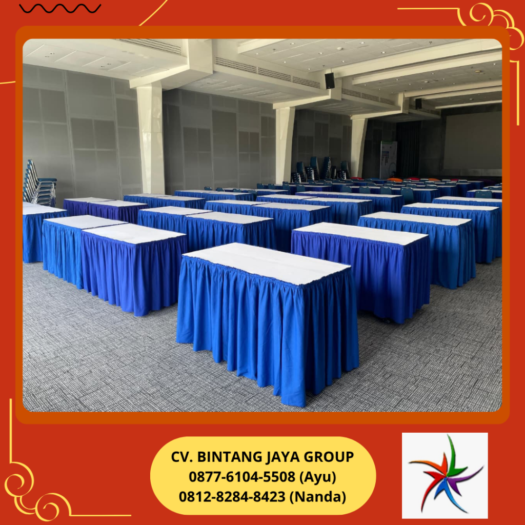 Rental Meja Kotak Taplak Putih Cover Biru Jakarta Utara