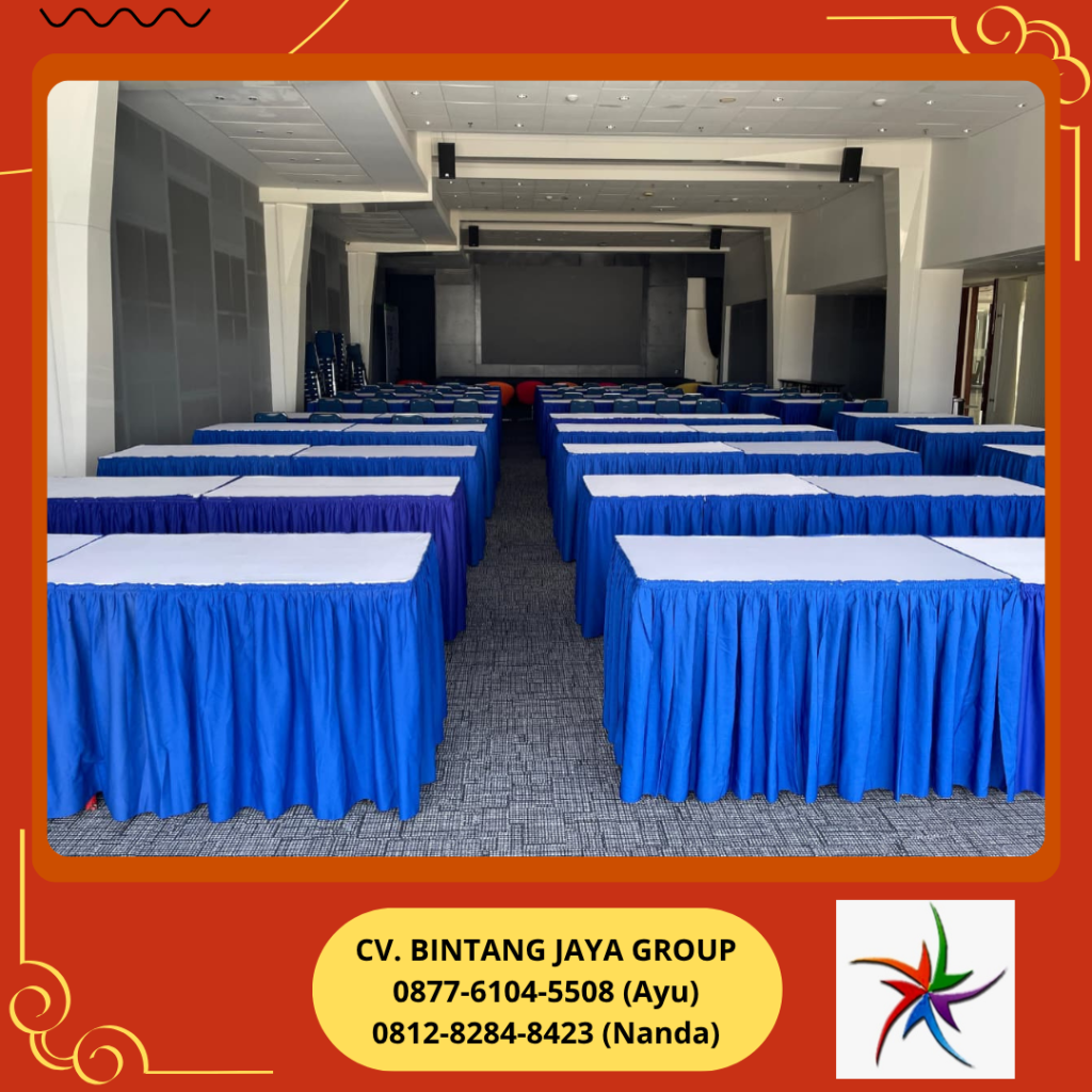 Rental Meja Kotak Taplak Putih Cover Biru Jakarta Utara