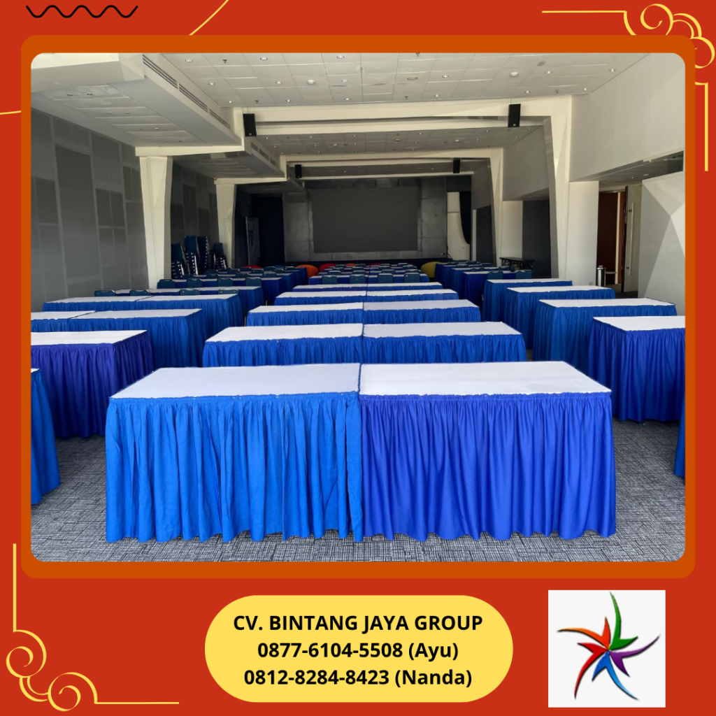 Rental Meja Kotak Taplak Putih Cover Biru Jakarta Utara