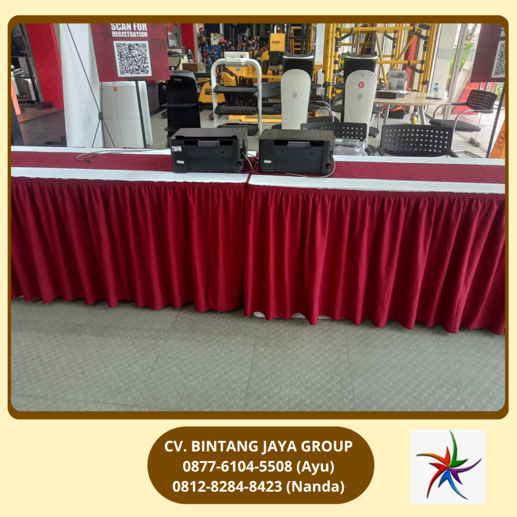 Sewa Meja Kotak Skirting Merah,Taplak Putih Jakarta